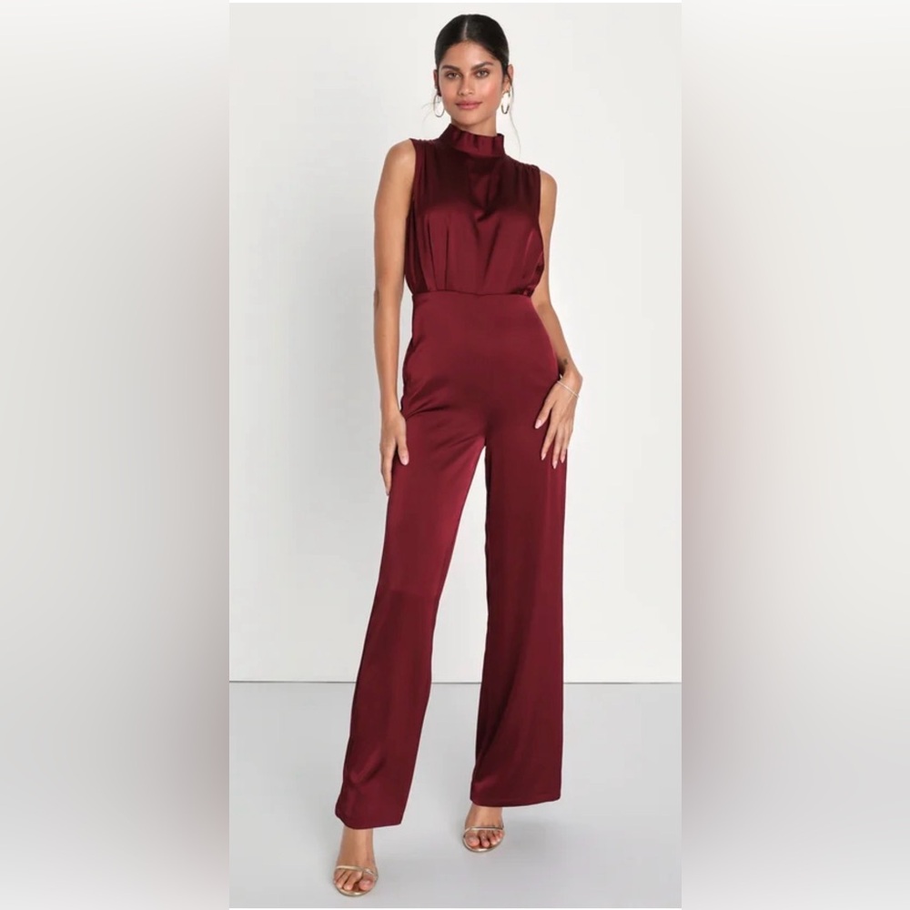 Lulus Classic Elegance Wine Red Satin Sleeveless Mock Neck Jumpsuit L